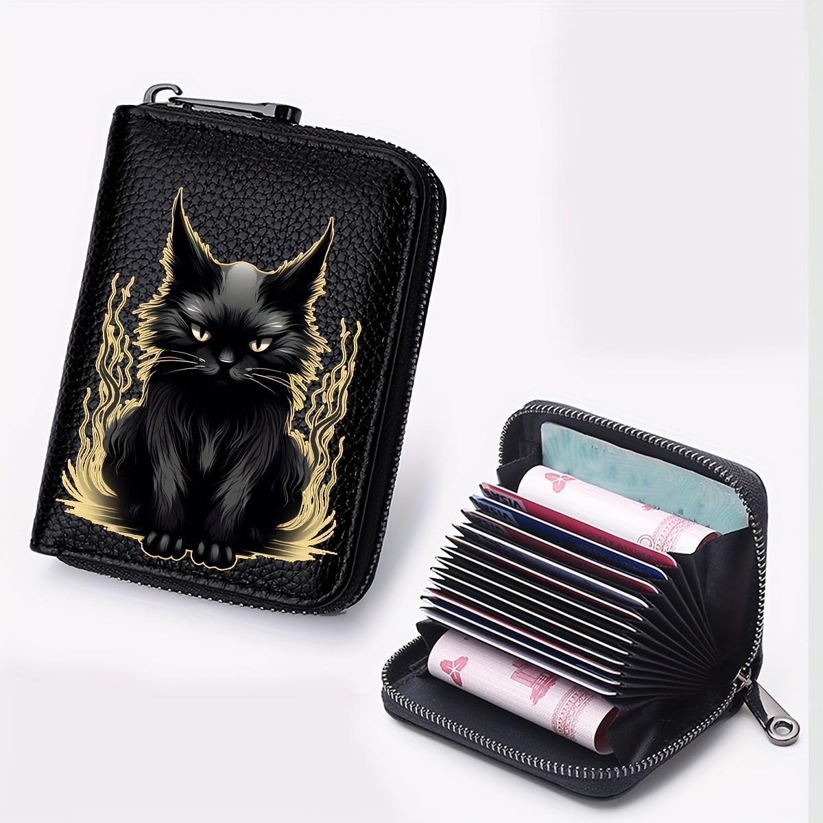 

Kawaii Black Cat Pattern Short Wallet, Zipper Around Coin Purse, Textured Women's Credit Card Holder