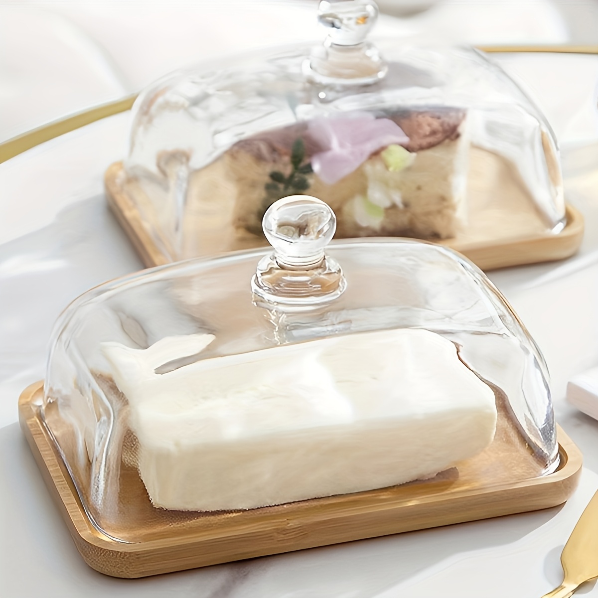 Butter Dish, Glass Dust Cover Bamboo Wood Butter Dish, Bamboo Wood Tray, Tea Snack Plate, Snack Display Plate, Dessert Table Ornament, Pastry Plate, Cake Plate, Fruit Plate