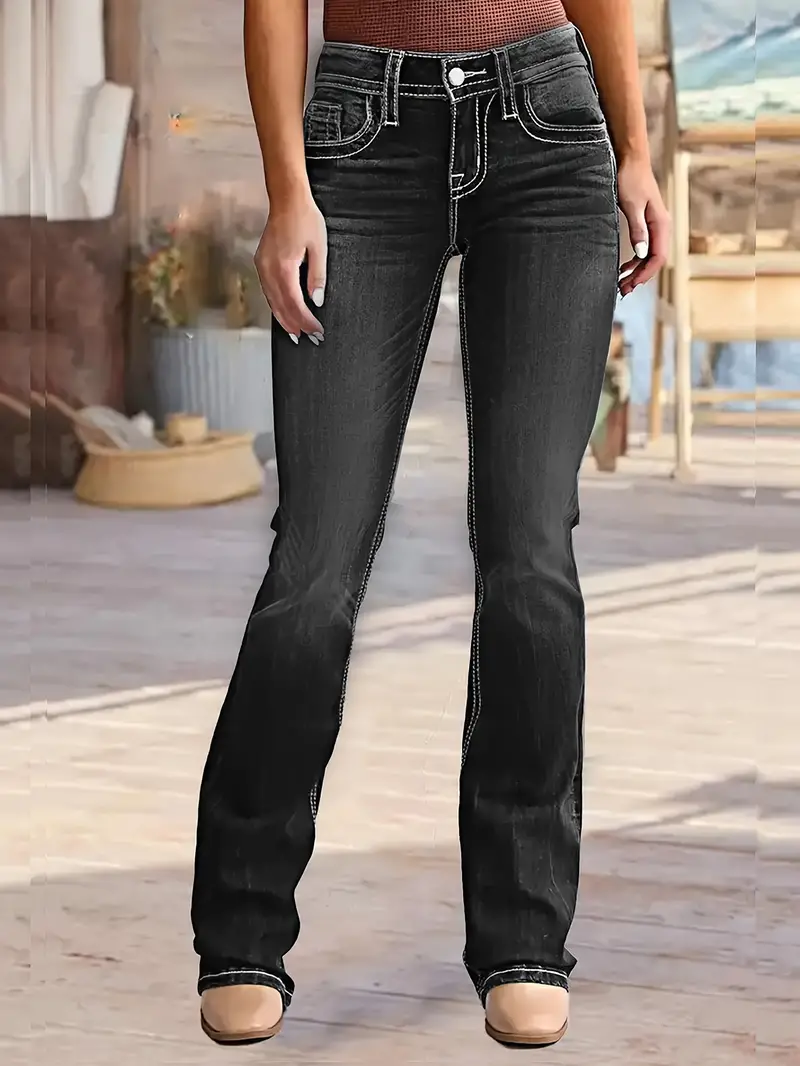Washed Personality Pockets Boot cut Jeans High Stretch - Temu Canada
