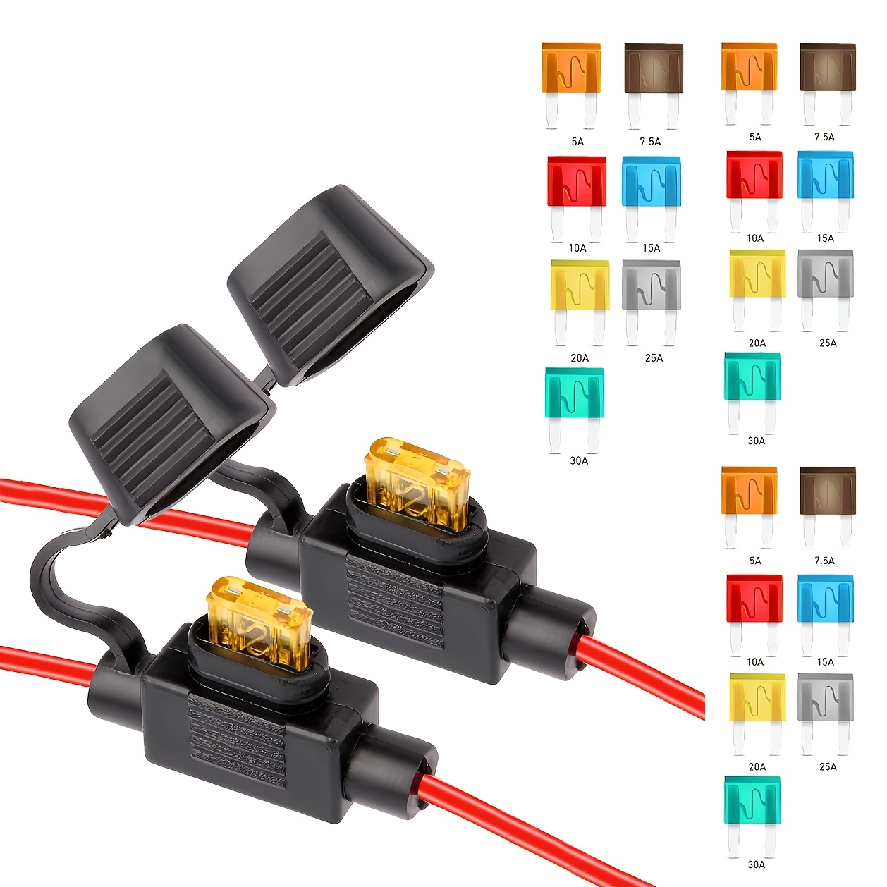 TEMU Porte-fusible à lame mini 16 AWG étanche, porte-fusible en ligne à avec fusibles ATM 5A 7.5A 10A 15A 20A 25A 30A, lot de 2