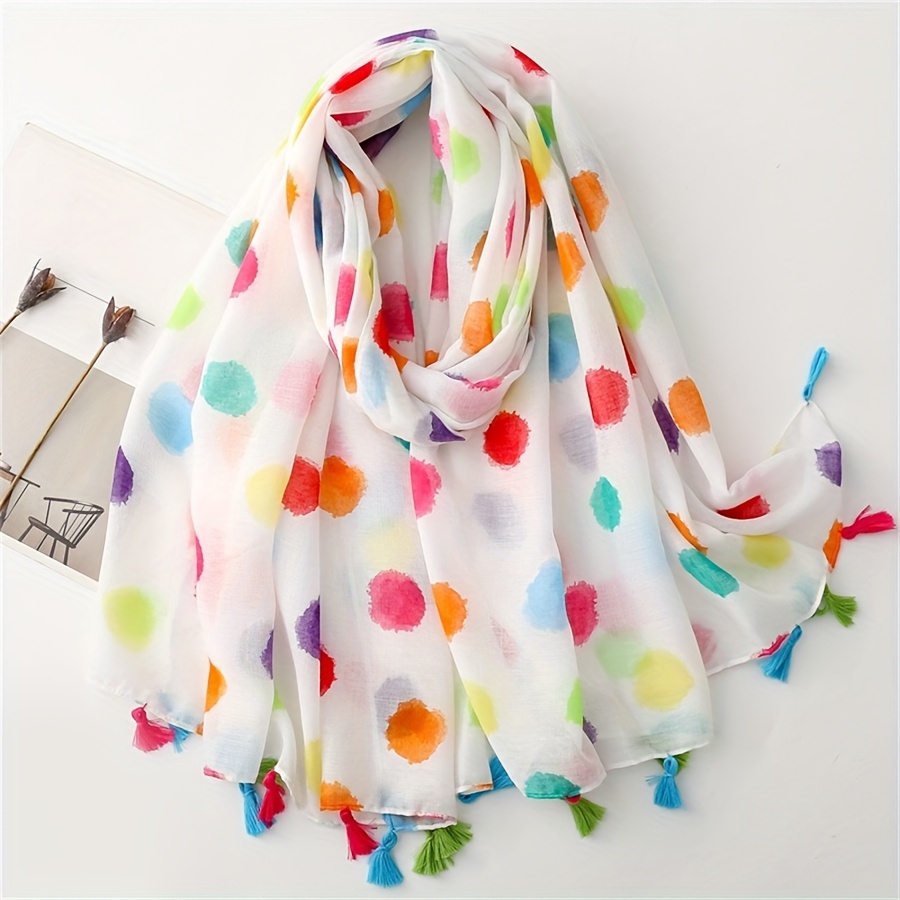 

Women's Polka Dot Soft Tassel Scarf - Casual Polyester Shawl, Sun Protection, Breathable, Decorative For Travel And Beach, Summer, Silk