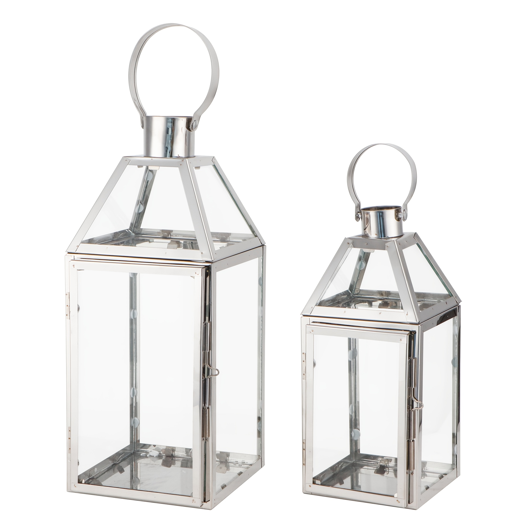 Image of 2pcs Stainless Steel Decorative Lanterns Metal Candle Holders With Tempered Glass For Home Decor Living Room Parties Events Tabletop (silvery Empty Lanterns No Candles)