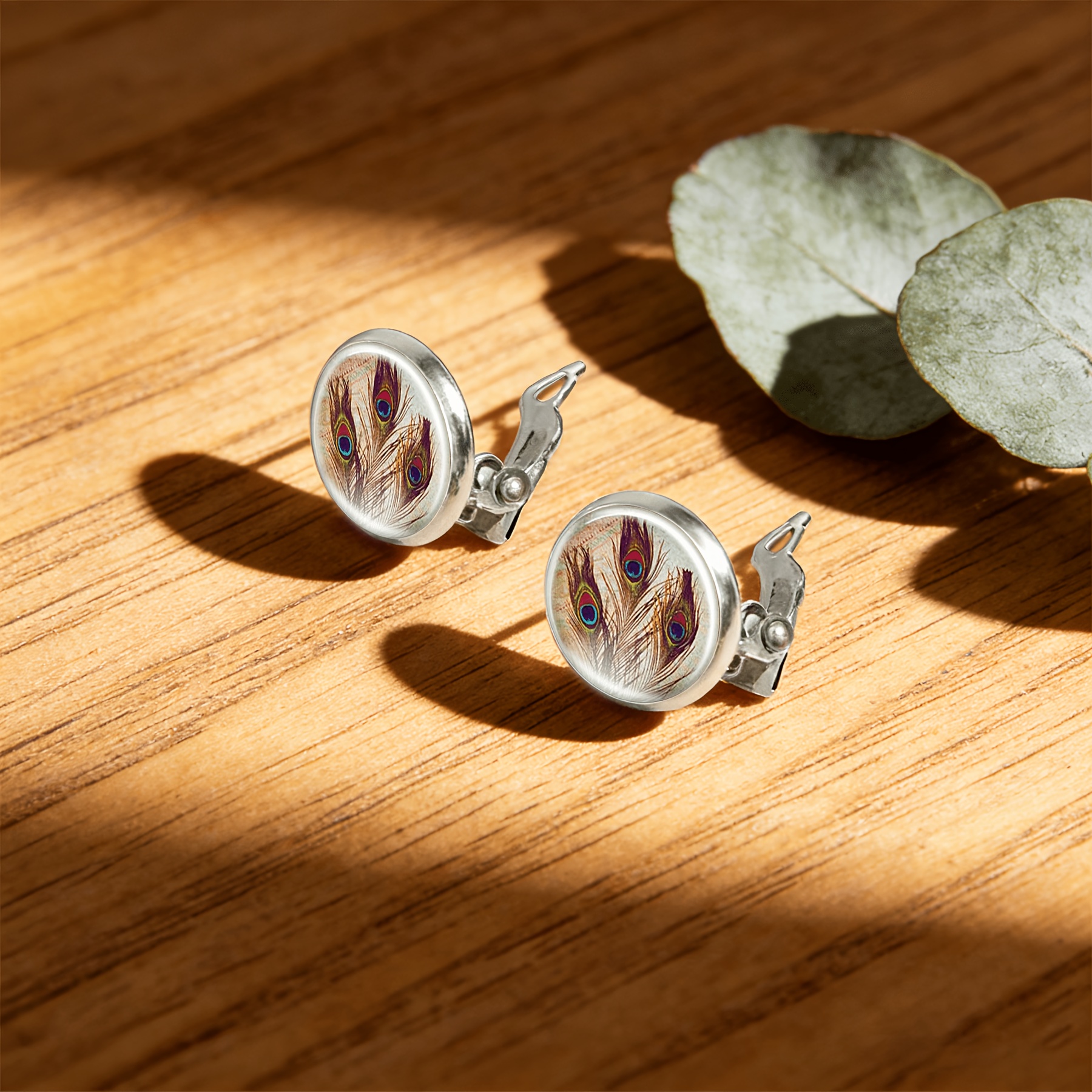 Women's No-Piercing Round Glass-Faced Earrings, Peacock Design