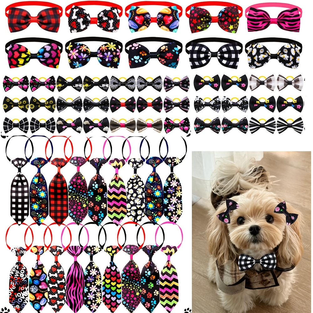 TEMU 20pcs Mixed Pattern Pet Bow Ties And Small Hair Bows Set, Leopard Floral Heart Striped Zebra Print Adjustable Dog Collar Bowties And Puppy Hair
