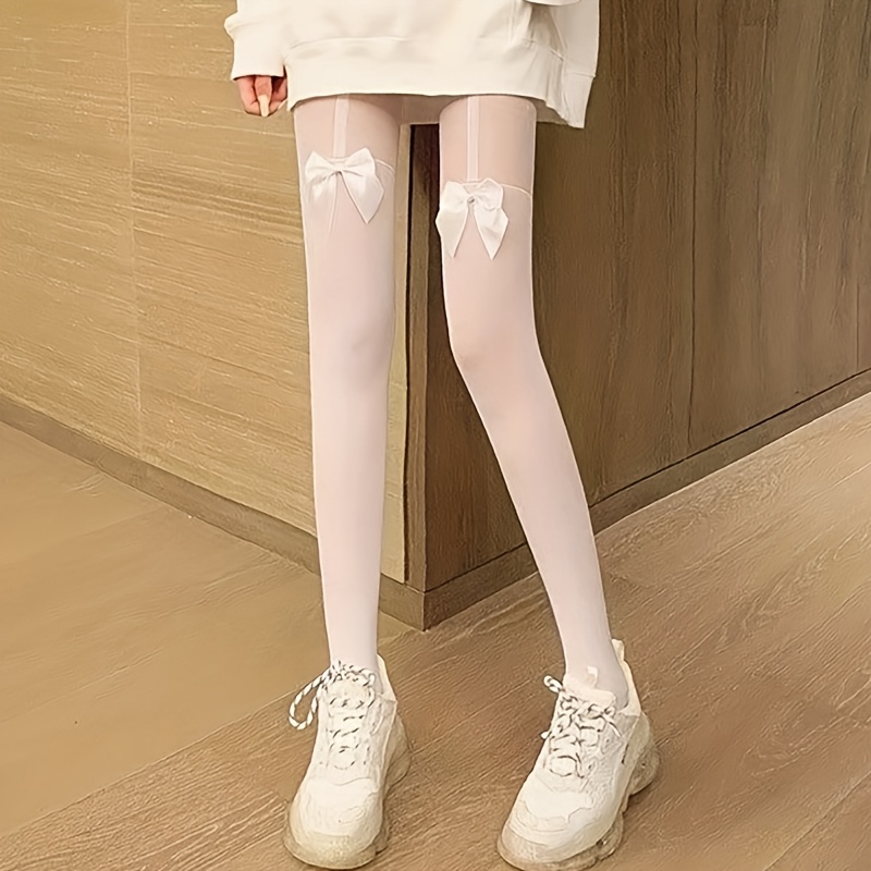 1pair Cute Bow Black False Thigh Socks Over Knee Socks Women' Black Socks Thin Spliced White Strap High Sleeve Socks