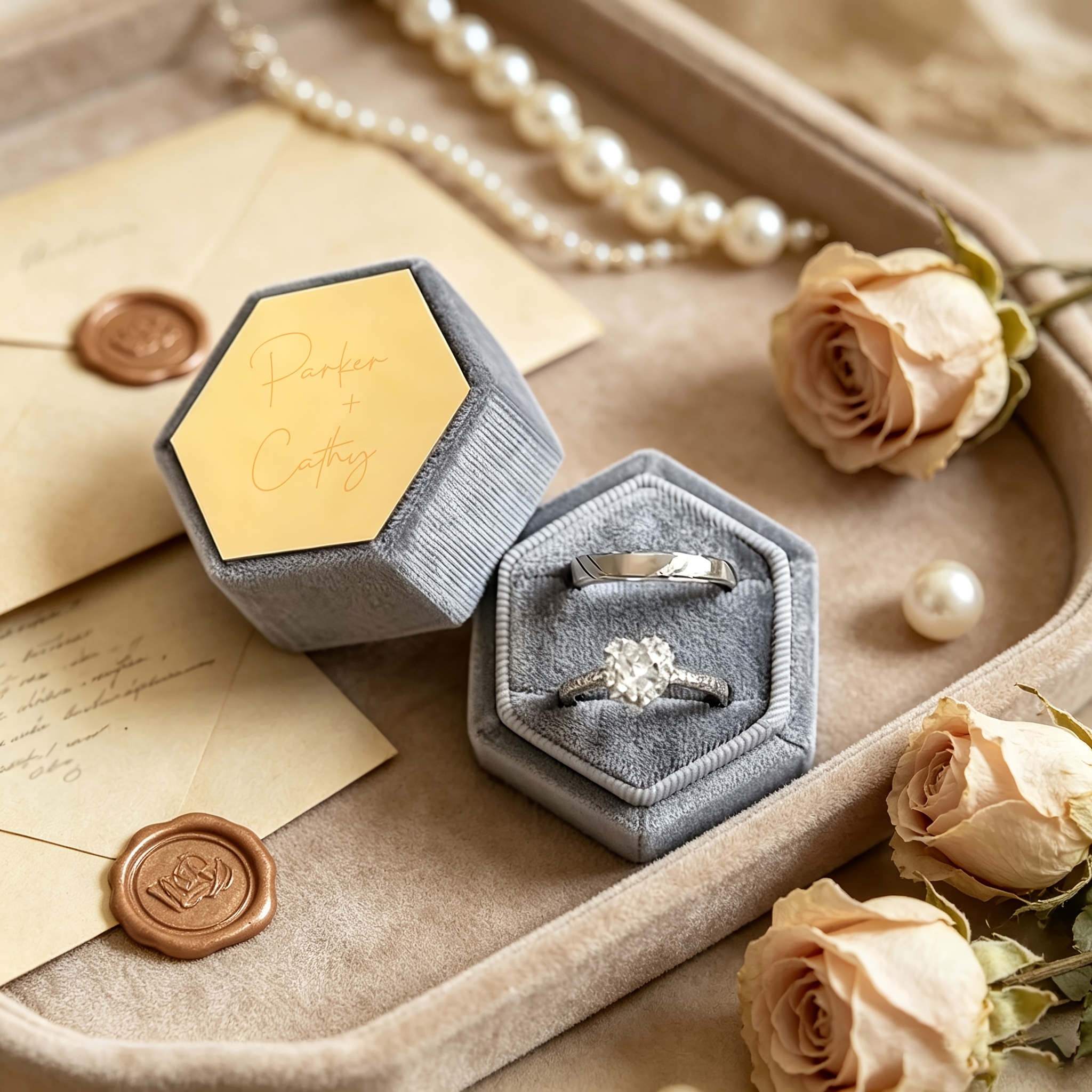 Personalized Hexagonal Velvet Ring Box, Custom Name and Date