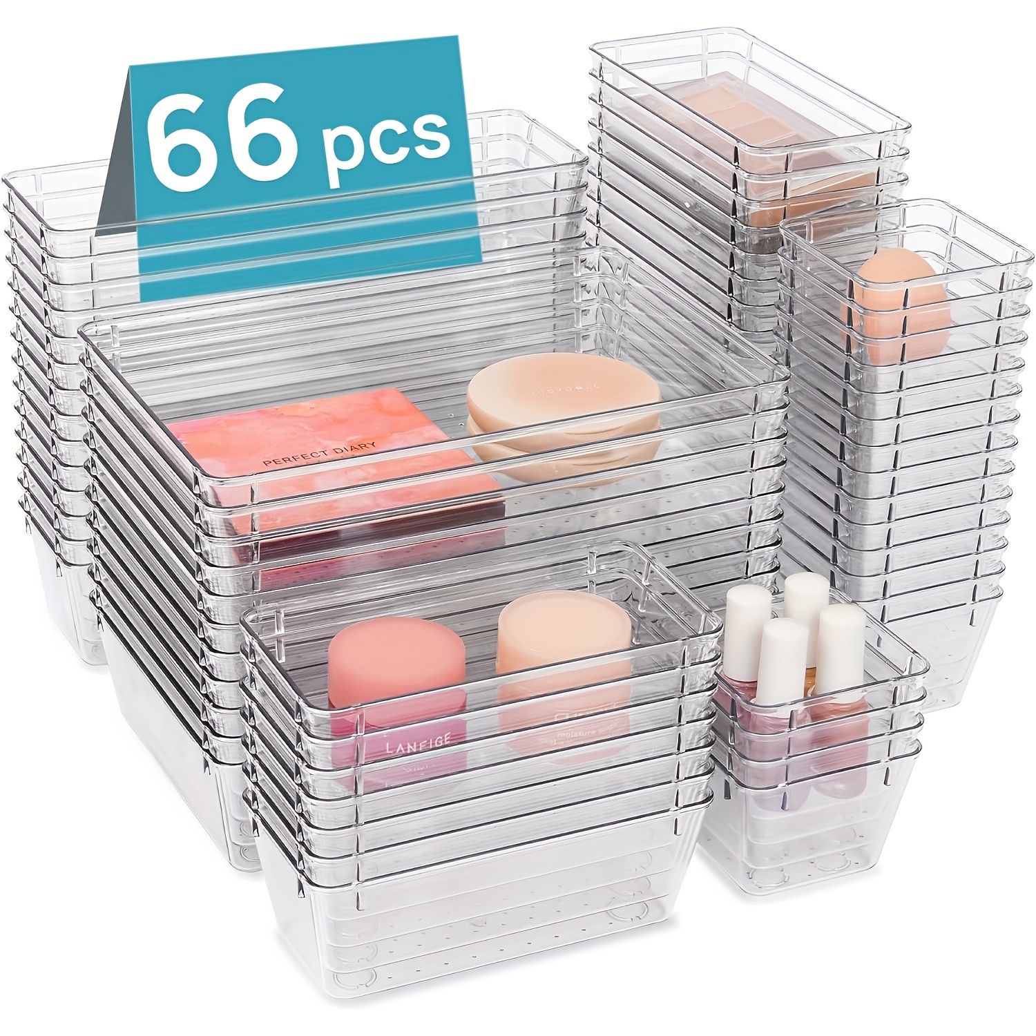 

Vtopmart 66 Pcs Clear Plastic Drawer Organizers Bins, 4-size Versatile Bathroom And Vanity Organizer Trays, Non-slip Storage Containers For Makeup, Jewelries, Bedroom, Kitchen Utensils And Office