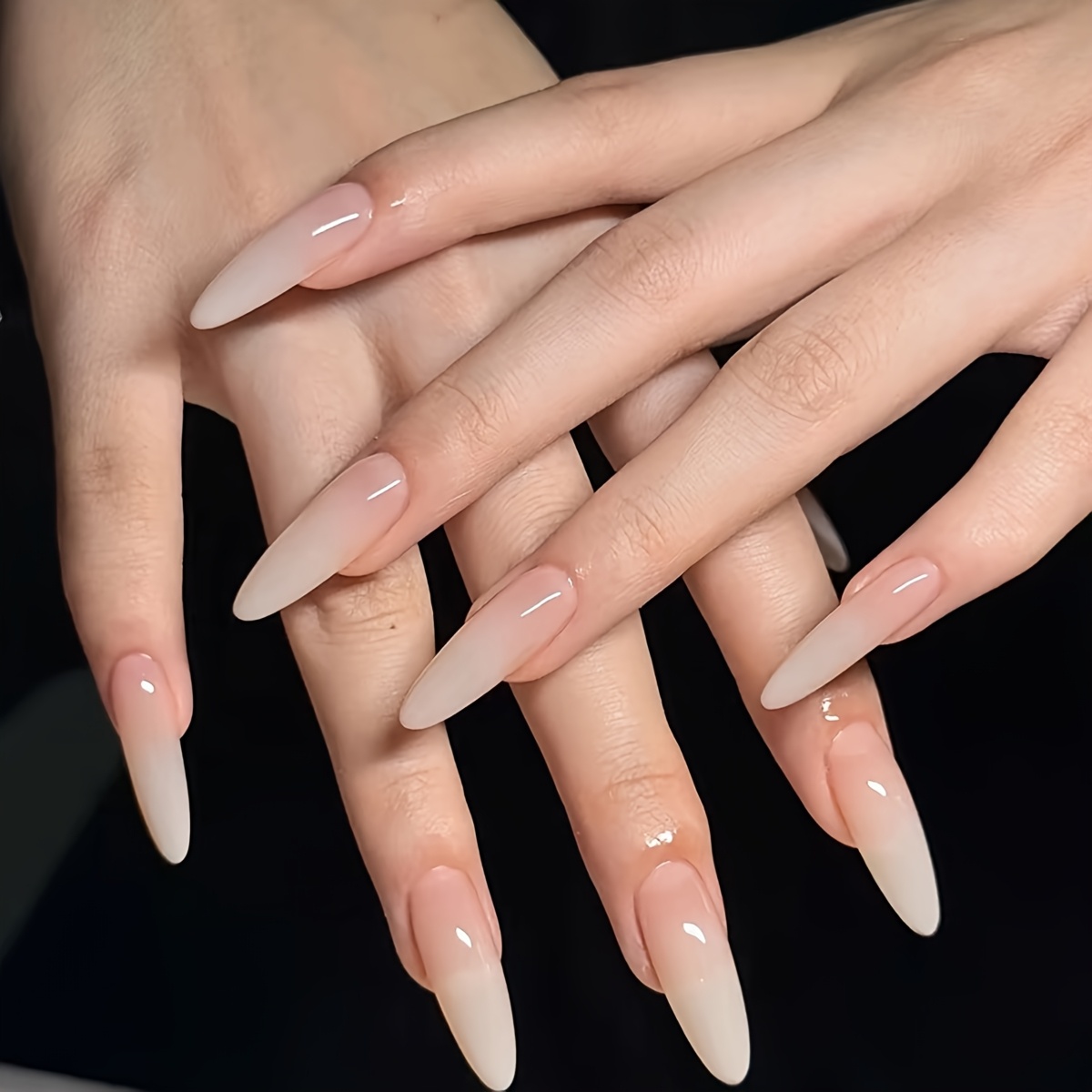 10pcs Easy Nude White Gradient Long Almond Suitable For Women's Gatherings, Dances, Multiple Scenes, Wearing Fake Nails And 1pc Jelly Glue And 1pc Rubbing Strip