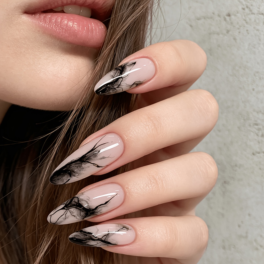 TEMU 24pcs Nude Gothic Press-on Nails Suitable For Women - Almond Shape False Nail Tips With Glossy, Blending Nail Stickers, Spring Summer Manicure,