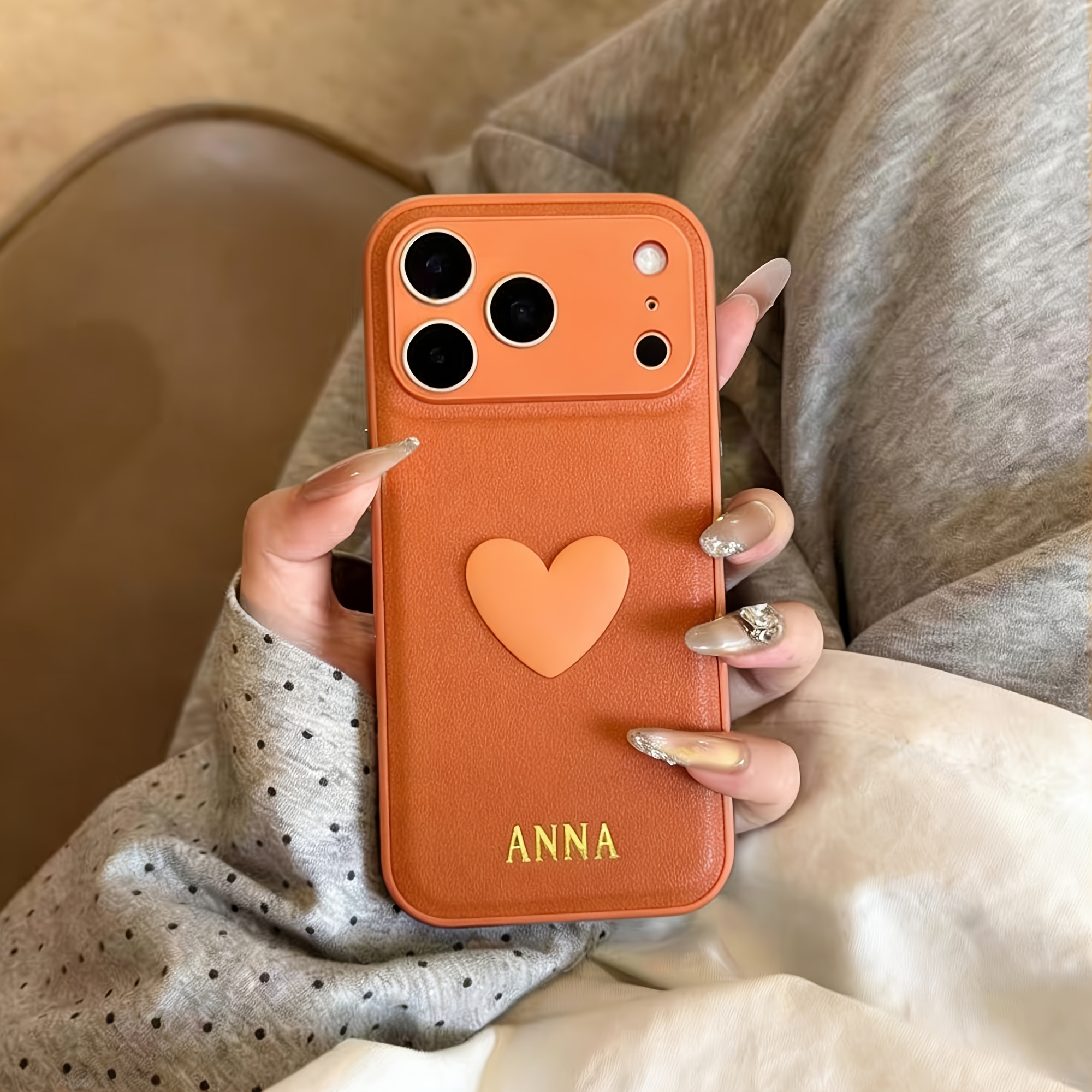 TEMU Phone Case: Personalized Luxury Synthetic Leather With Acrylic Heart Phone Case Compatible With Iphone 18 17 16 15 14 13 Pro Air Customized Name