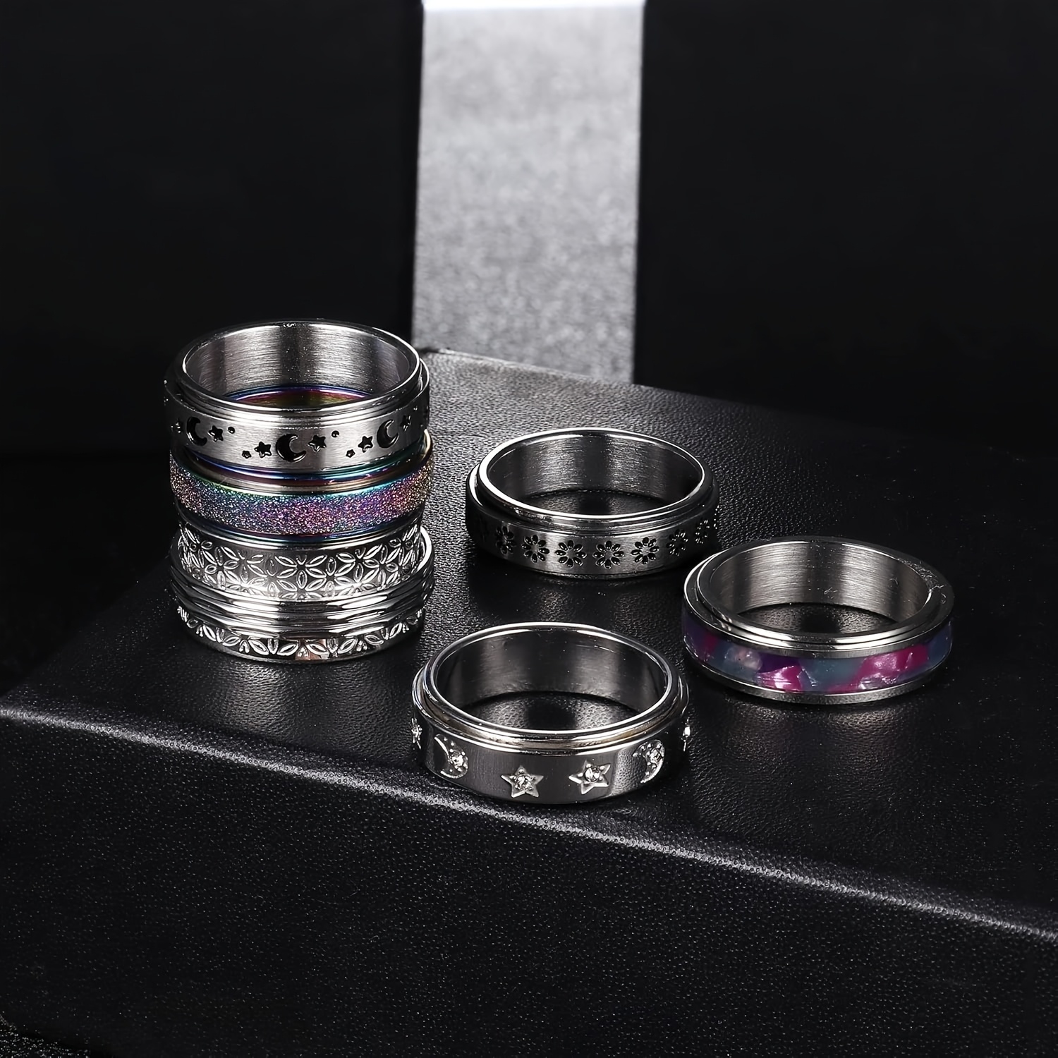6pcs fidget rings for anxiety 316l stainless steel spinner band rings for teenager fidget anxiety rings   star   blast finished cool relieving rings set for teenager Product details 1