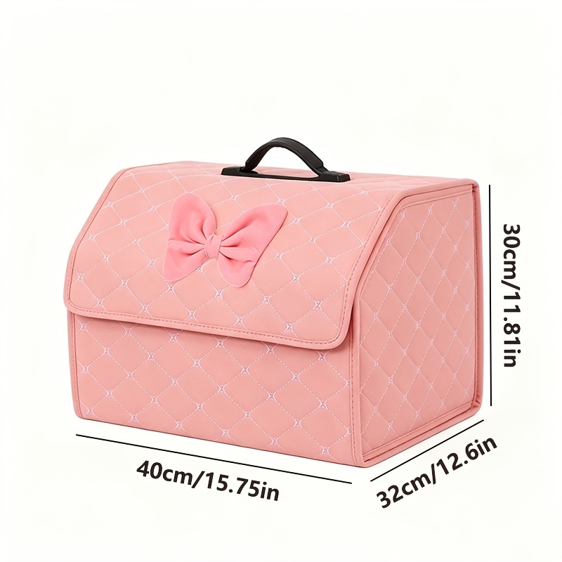 Image of Car Storage Box, Pink Faux Leather Quilted Design With Handle, Portable Vehicle Organizer For Car, Travel, Outdoor, And Home
