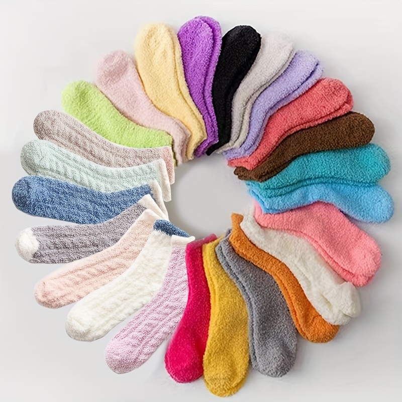 

5/10 Pairs Solid Coral Fleece Socks, Warm & Comfy Fluffy Floor Socks For Fall & Winter, Women's Stockings & Hosiery