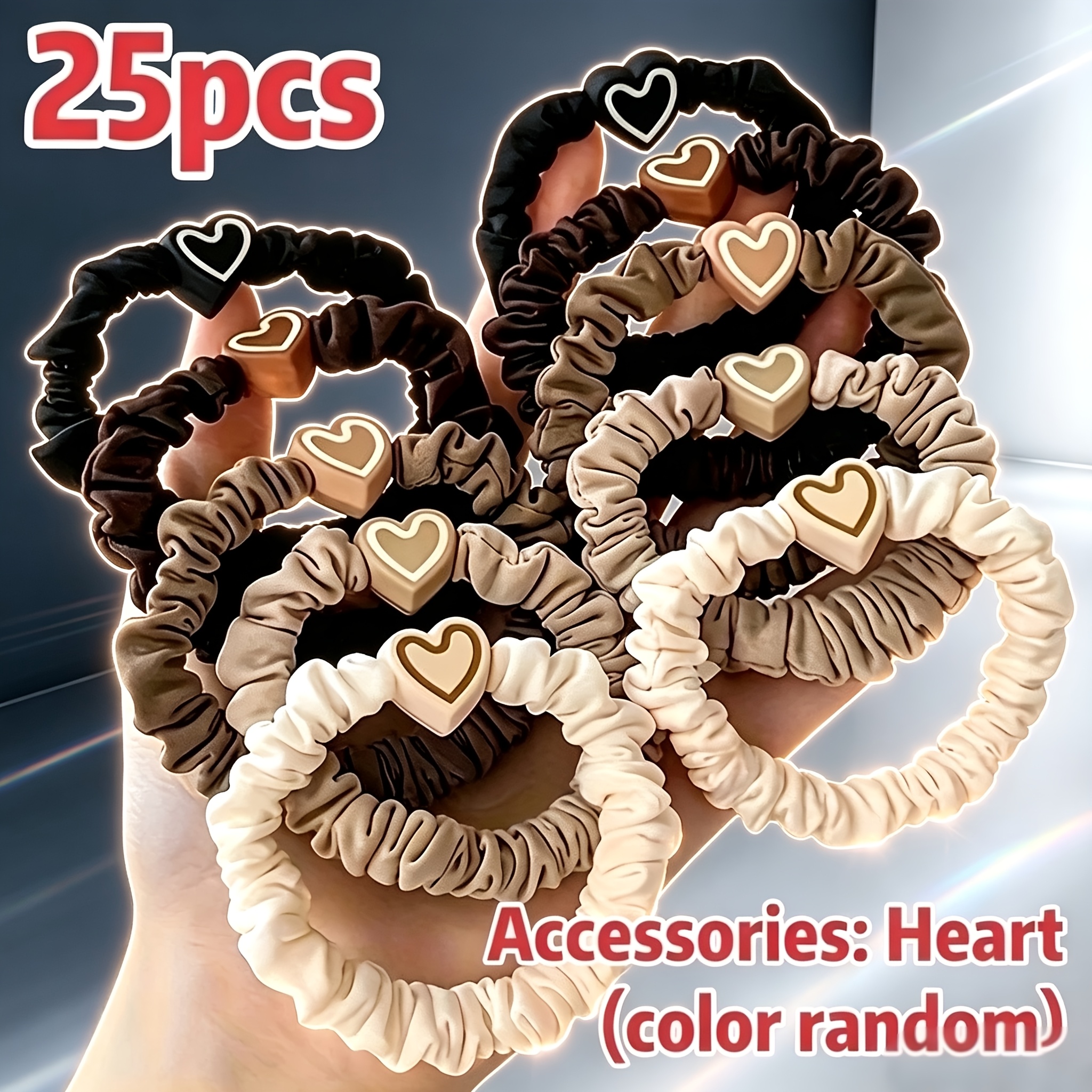 Image of 25pcs Random Color Simple And Elegant Heart Hair Ties, High Elasticity Durable Hair Bands