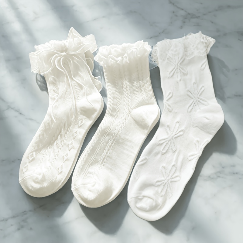 TEMU 3-pair Random Women's Sweet- Lace Mid-calf Socks, Vintage Bow Ruffle Socks, Aesthetic Jk Lolita Style Fashion Short Socks, Soft And Breathable