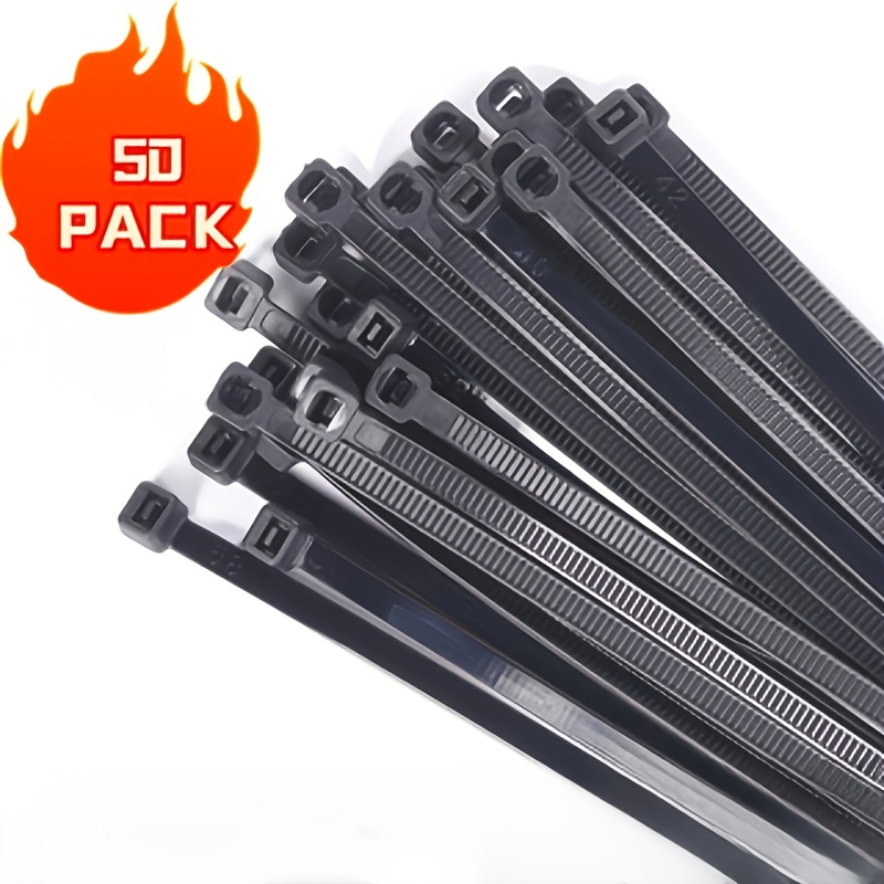 TEMU 50pcs Heavy Duty Nylon Black Plastic Zip Ties - Durable Cable Organizers With Ridged Grip For Secure Wire Management, Ideal For Home,