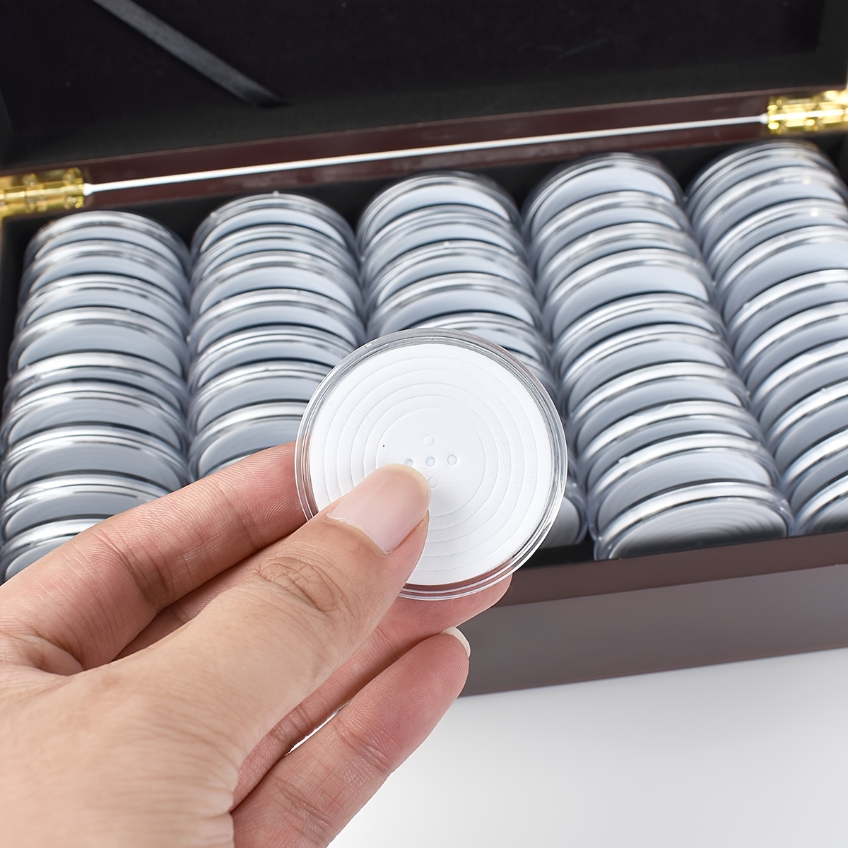 50pcs 46mm coin capsules storage box w wooden case holder collection display
