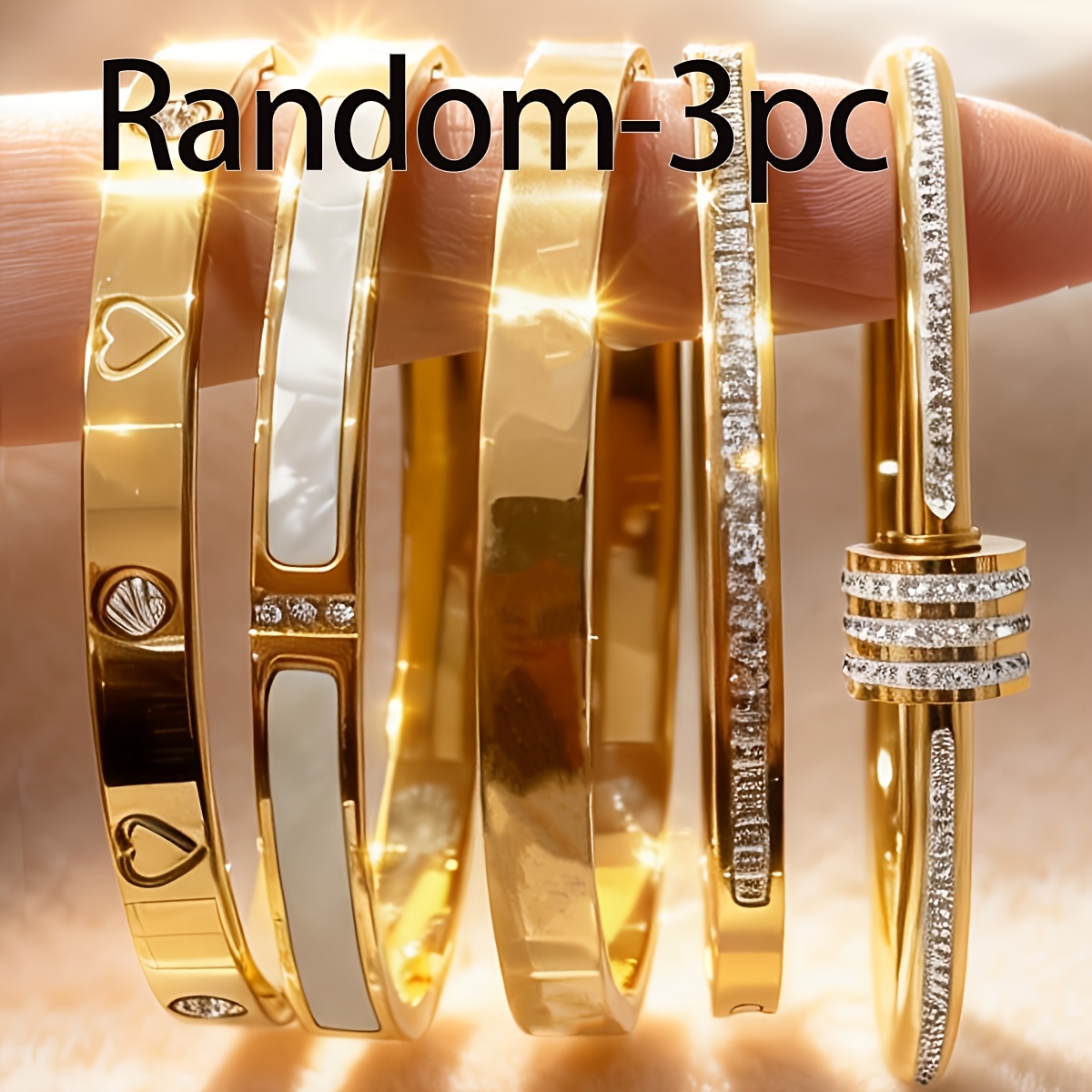 TEMU Random 3pcs Golden Stainless Steel Bracelets, Fashionable Luxurious Women's Bracelets, High-quality Jewelry, Holiday Gift, For Daily Matching,