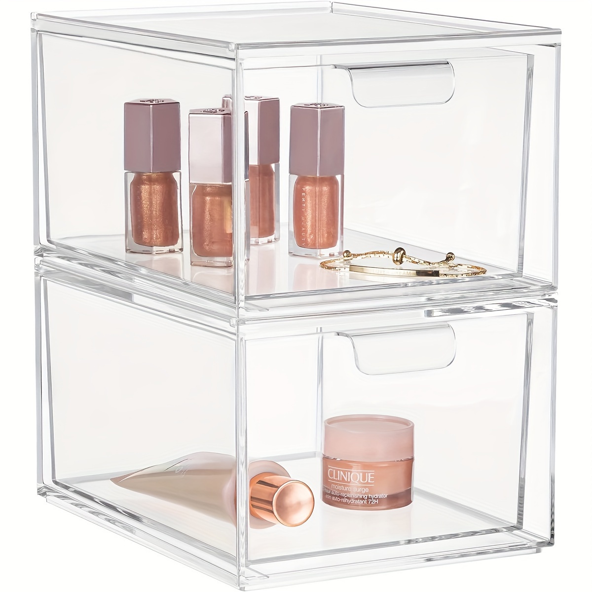 

2pcs Clear Stackable Storage Drawer Acrylic Organizers, 4.5'' Acrylic Bathroom Makeup Organizer, Plastic Storage Bins With Handles For Vanity, Home Organization And Storage