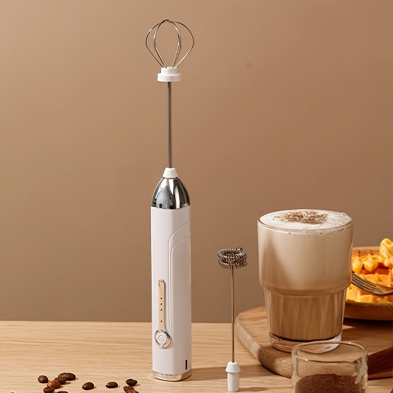 compact usb charged handheld mixer milk frother white stainless steel whisk with dual interchangeable heads for egg beating baking 800mah lithium battery ideal for coffee cappuccino household mixer cream frother wireless different baking needs details 0