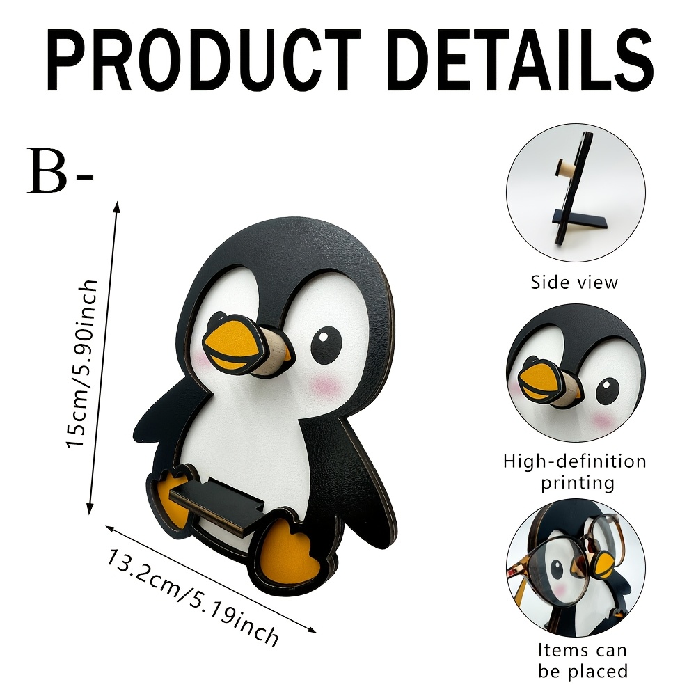 Image of Wooden Penguin-shaped Creative Glasses Stand, Desktop Storage Decor Dual Use, Home Office Desk Organizer, Cute And Practical Glasses Holder