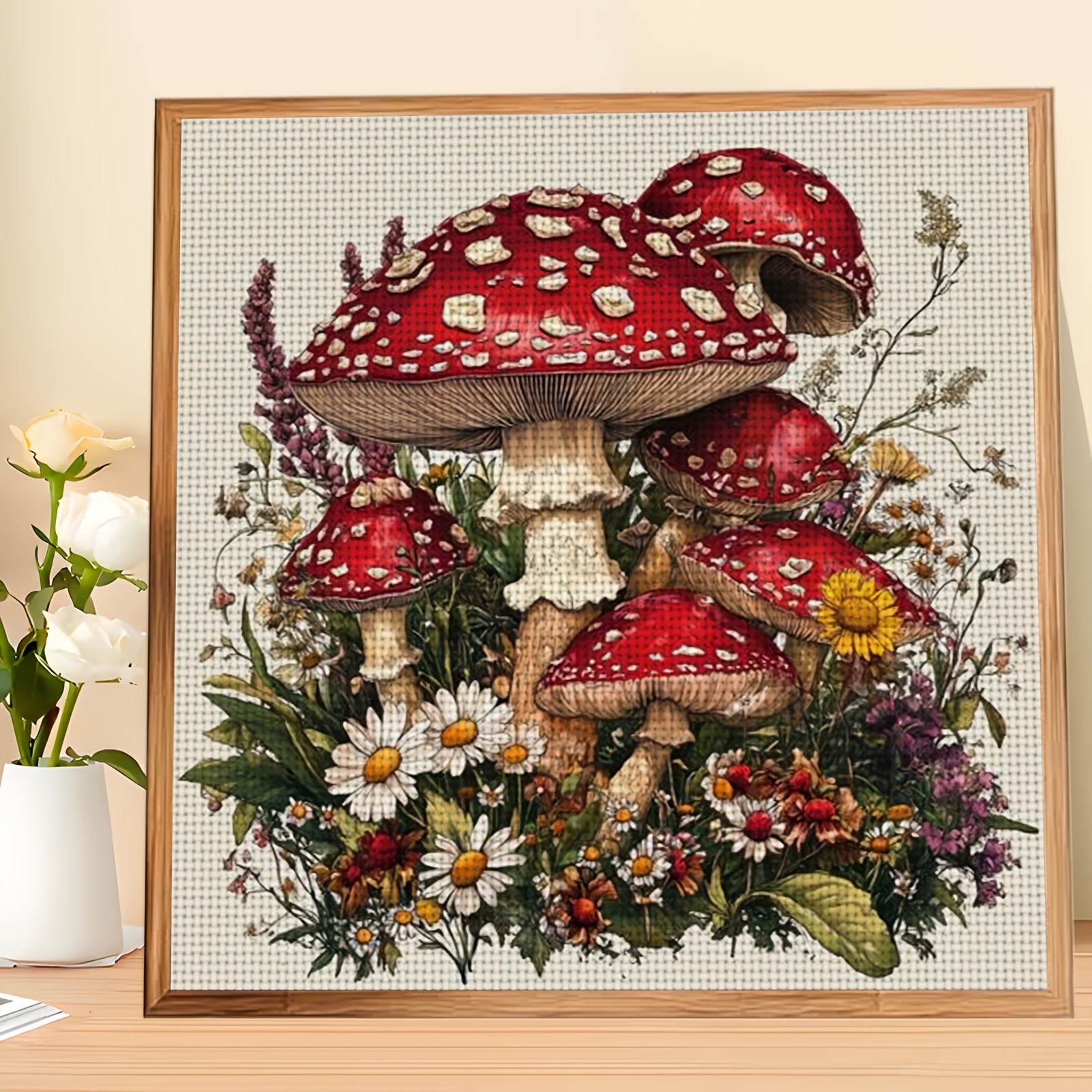 TEMU 1 stuk DIY Kruissteek Print Kit, Ongelijst, Met het "Rode Paddenstoel en Bloemen". Perfect voor Beginners om te Genieten van een Ontspannende