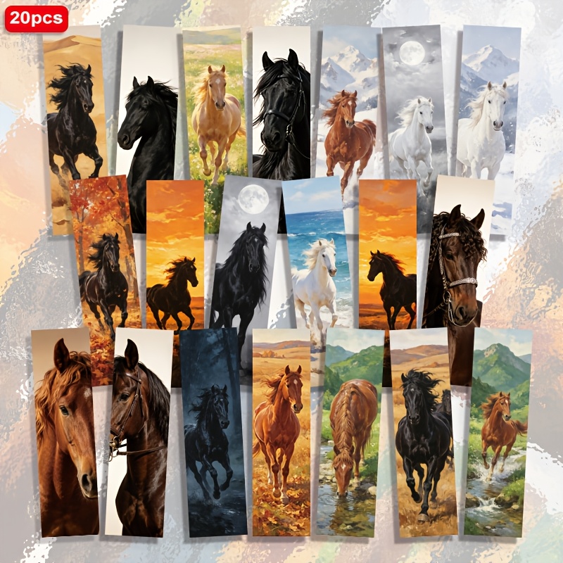 TEMU 20pcs Running Horses, Scenery, Spring Summer Autumn Winter, Seagrass Prairie Pattern 1.5in*5.9in Rectangular Paper Bookmarks, Daily Reading
