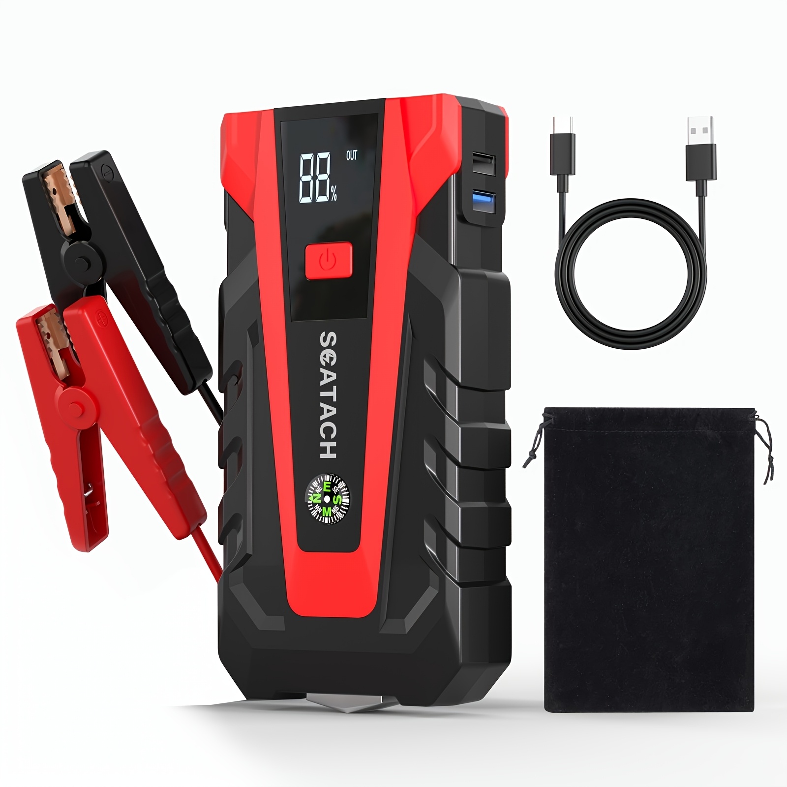 TEMU 15000a Single Starter. Optional 15000a Integrated Starter And Tire Inflator, Car Emergency Starter Power Supply, Window Breaker Escape Hammer,