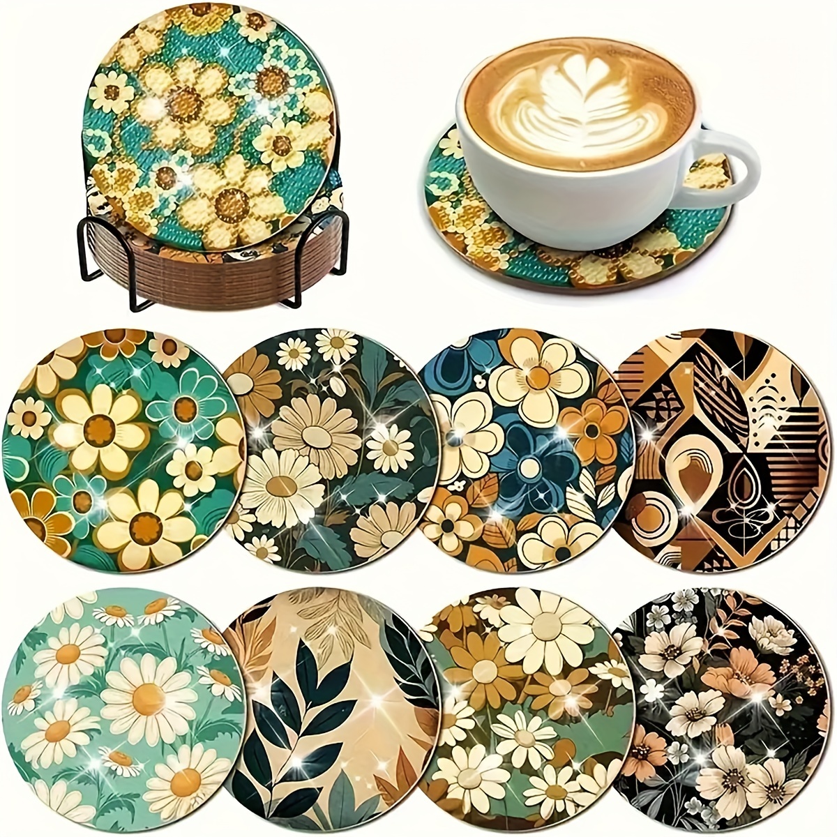 

8-piece Flower Theme Diamond Painting Coaster Kit With Round Diamonds, Durable Diy Craft Set With Wooden Holder For Beginners – Elegant Sparkling Home Decor Art Supplies