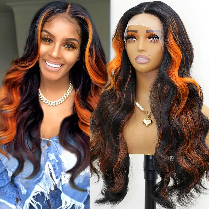 synthetic 13 4 1 lace wigs orange black highlight body wavy wig lace front wig skunk stripe long curly wigs for woman heat resistant synthetic wigs daily party cosplay use details 2