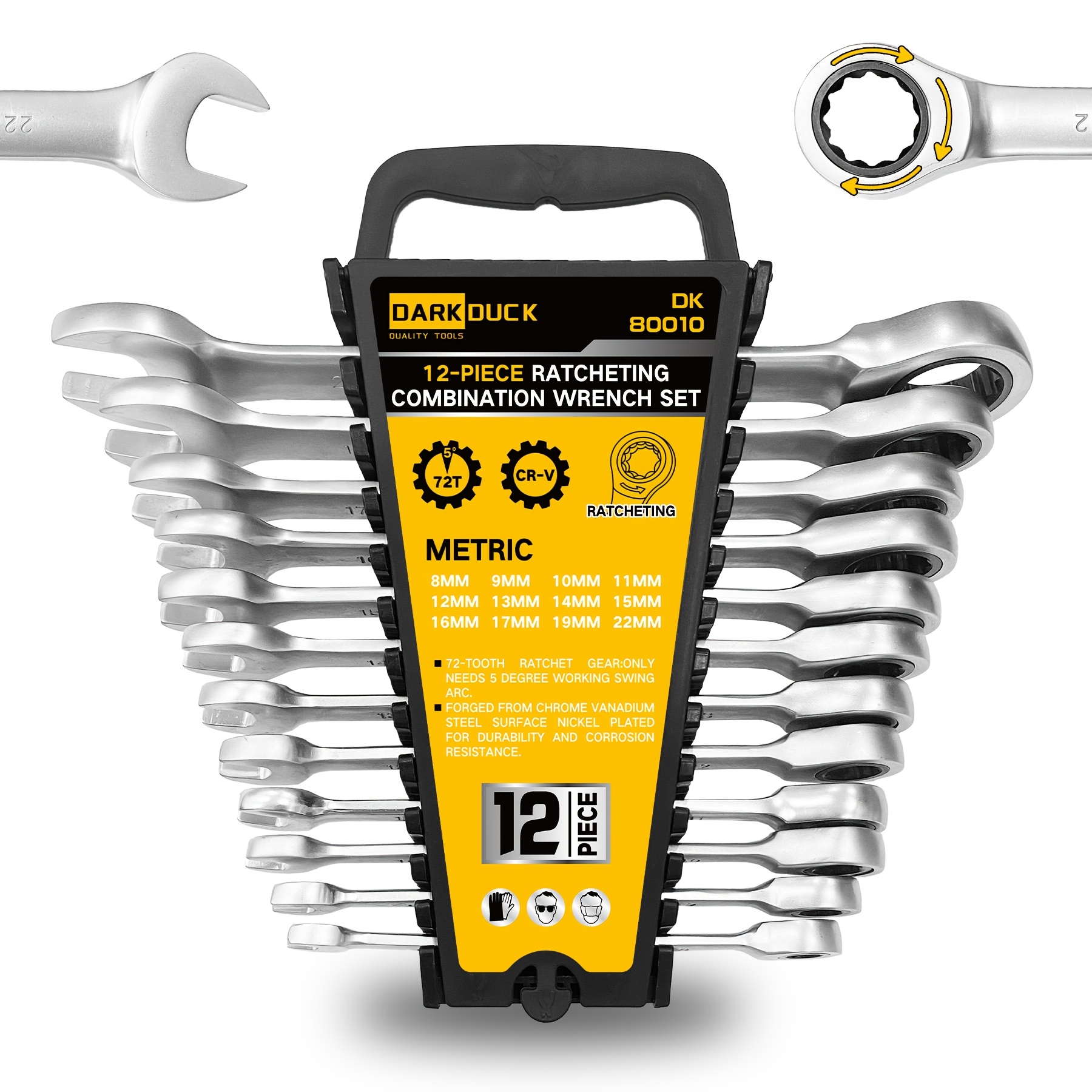 

12pcs Ratcheting Wrenches Set, Combination Wrenches Set Sae & , 8-22mm Size, Cr-, 12 72-teeth