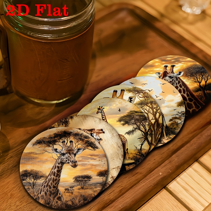 TEMU 2d Flat, 6pcs Giraffe Wooden Coaster Set - Artistic Wooden Coasters, Anti-slip Table Protector And Gift Decor, Heat-resistant Non-slip Placemat,