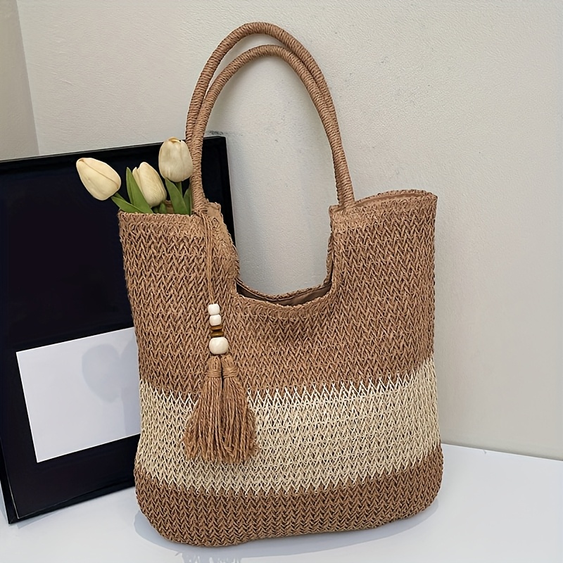 E-shop Damenmode Handgewebte Ein-Schulter-Tasche, Bohemian-Stil Quasten-Handtasche, Großvolumige Stroh-Tasche, Outdoor-Reisetasche, Strandtasche