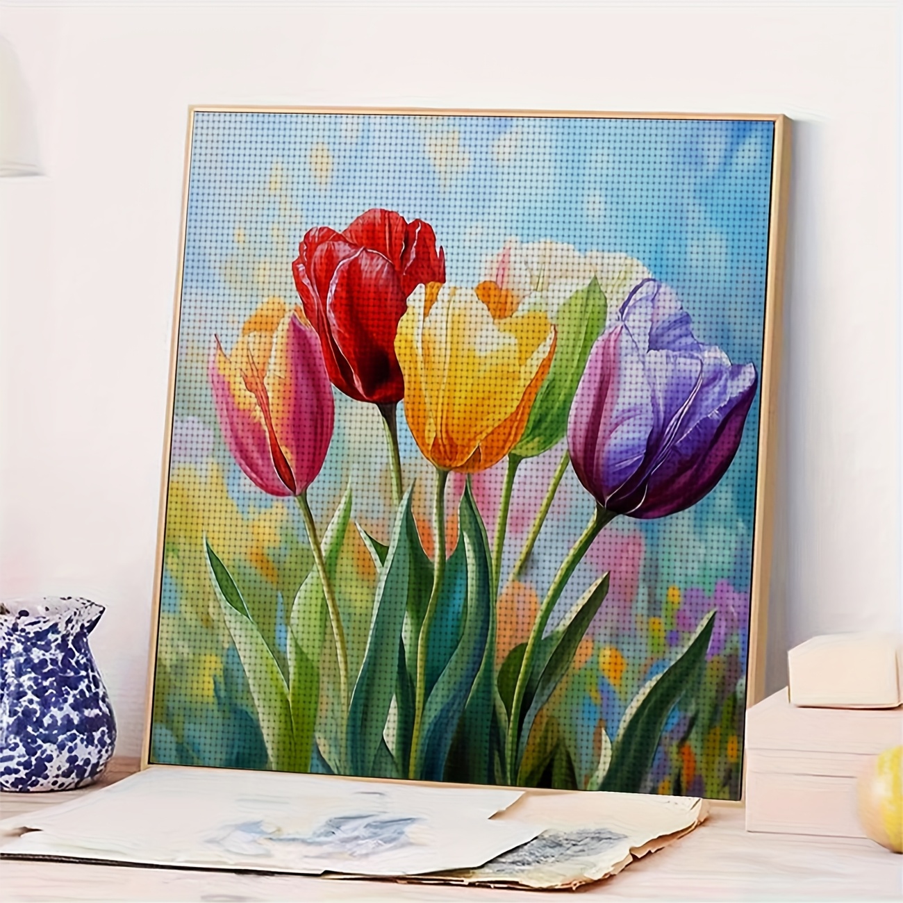 DIY Cross Stitch Print Kit, Frameless, Colorful Tulips Design