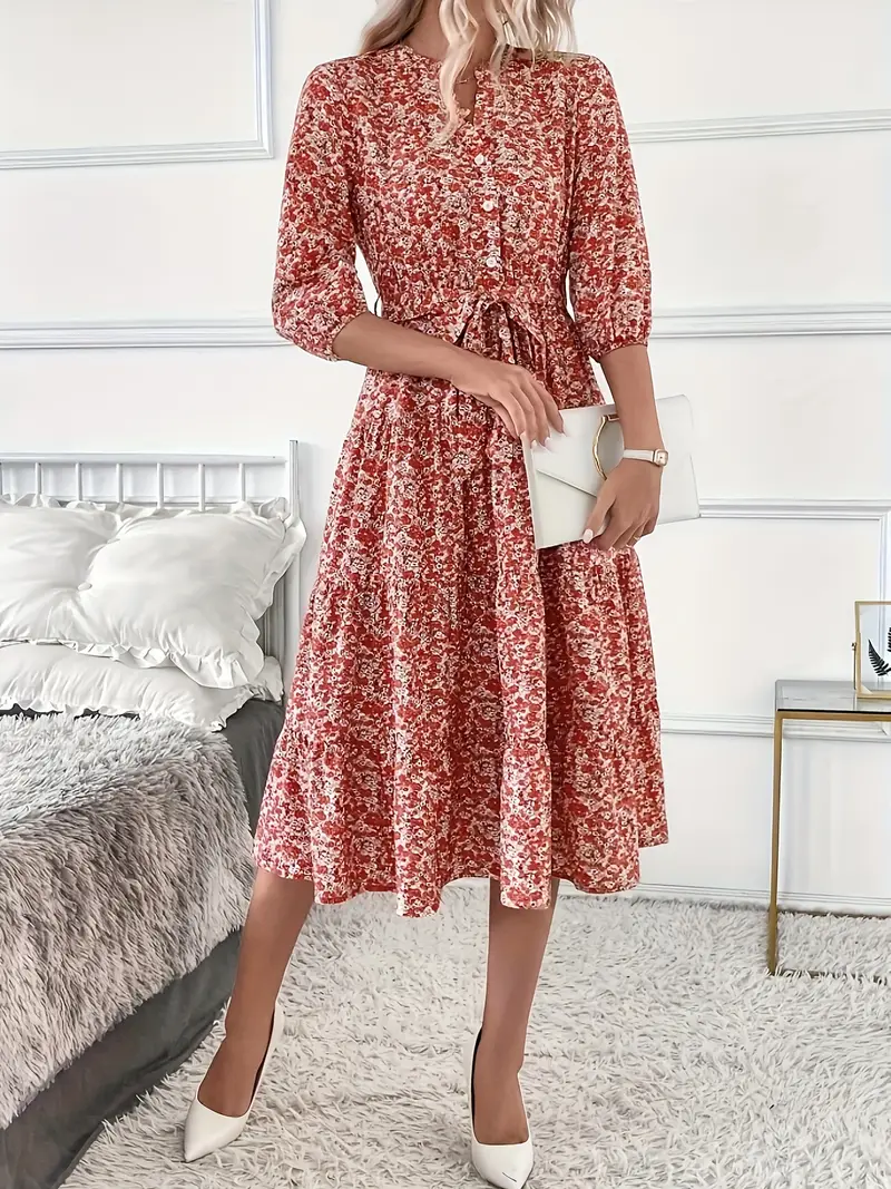 womens floral print long sleeve midi dress button detail v - Temu Oman womens floral print long sleeve midi dress button detail v - Temu Oman
