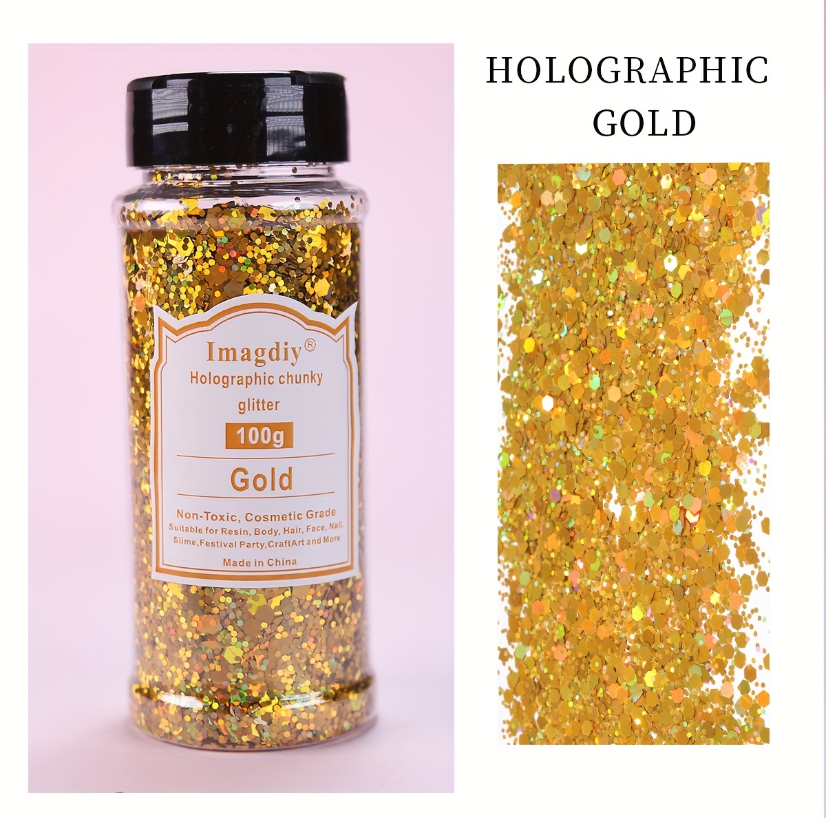 

Holographic Chunky Glitter 100g - Chunky Glitter For Resin, Art, Craft, Nail, Makeup, Slime, Festival Party, And More - Non-toxic, Cosmetic Grade - Made In China