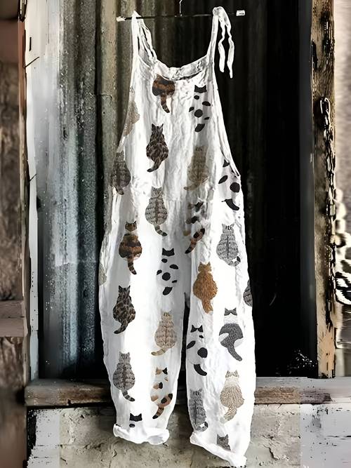 european and american niche style cat silhouette print overalls loose and lazy feel printed jumpsuit