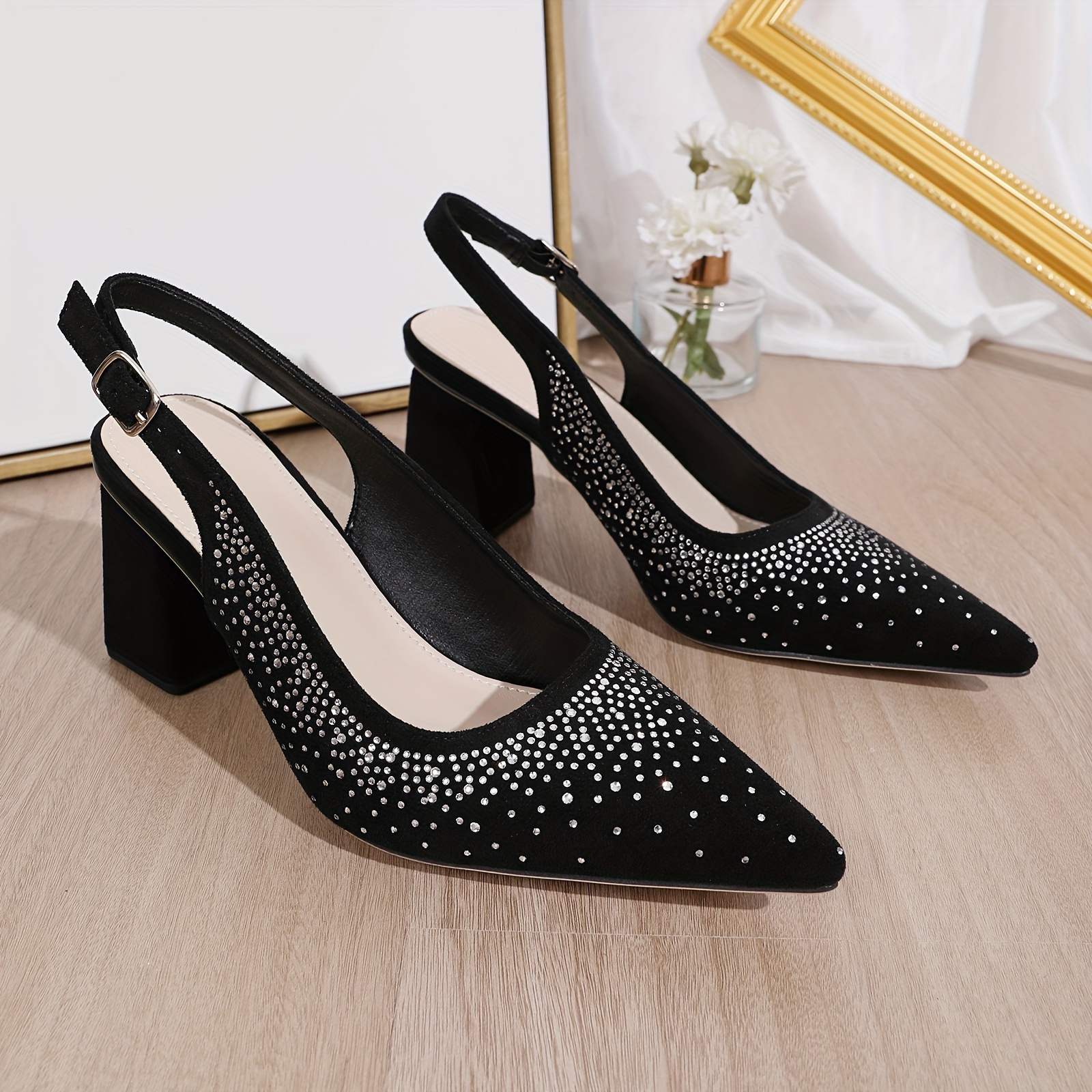 

Women's Rhinestone Chunky Heeled Sandals, Fashion Pointed Toe Buckle Strap Pumps, Elegant Slingback Party & Evening Dress Shoes