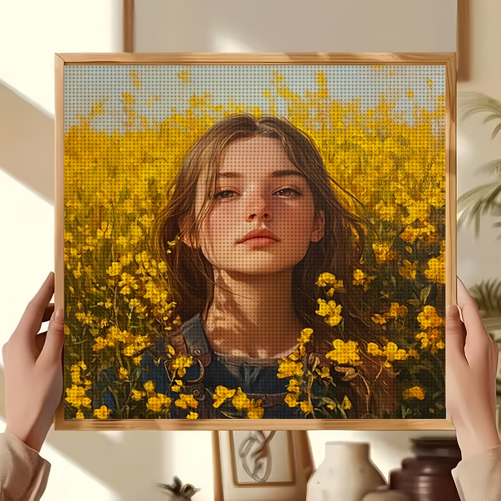 Cross-Stitch Kit, Girl in Yellow Flowers Pattern