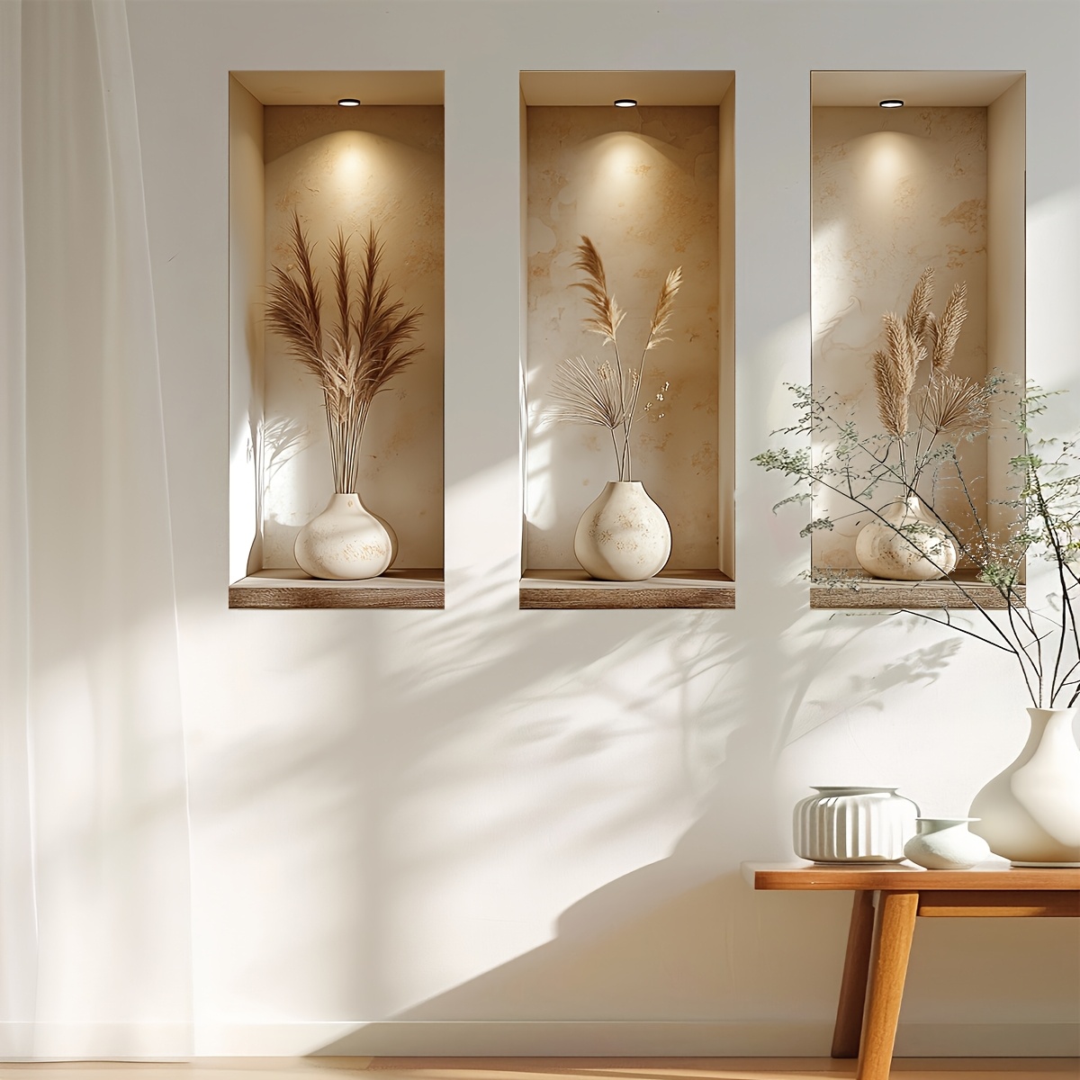 TEMU Pack Of 3pcs, 3d Effect, Simulation Effect Dried Flower Wall Sticker, Self-adhesive, Suitable For Living Room And Bedroom Background Wall