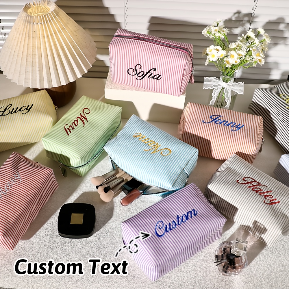 custom embroidered seersucker makeup bag monogrammed bridesmaid cosmetic pouch girly portable travel toiletry organizer for skincare products personalized name wash bag customizable bridesmaid gift designed for   for daily commutes