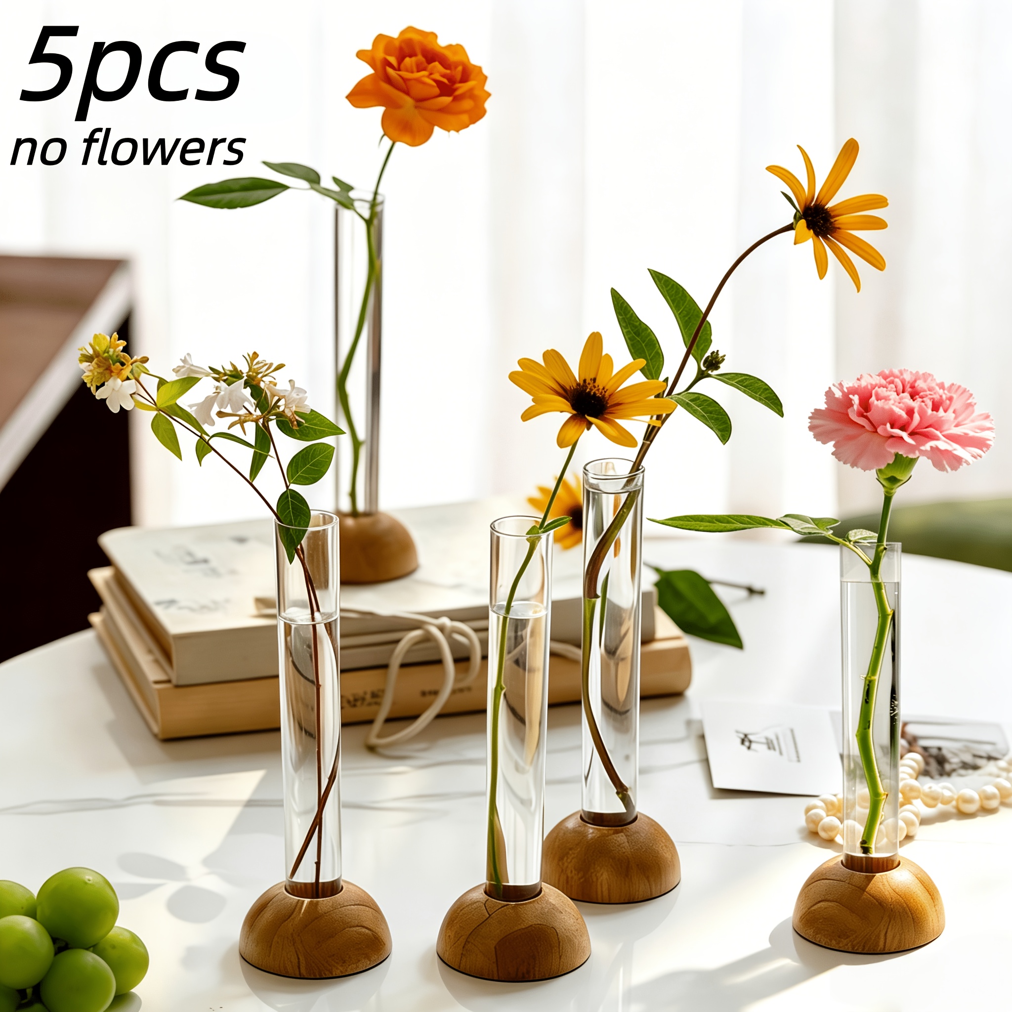 TEMU 5pcs Transparent Small Glass Test Tube Vases Suitable For Desktop Flower Arrangements, Water Cultivation & Modern Decor - Pvc-free Narrow Vase
