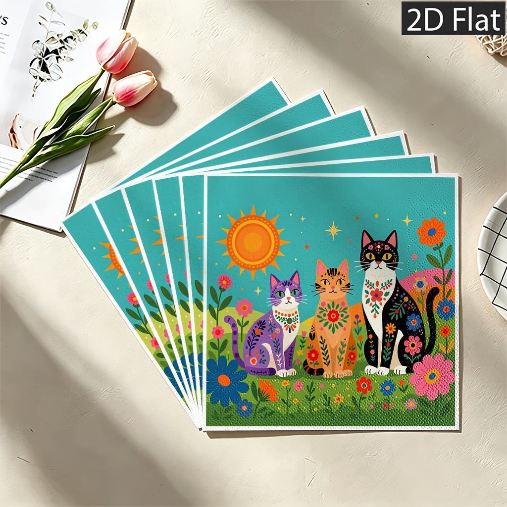 TEMU 2d Flat 20pcs Colorful Floral Decorated Illustration, Disposable Paper Napkins, 2-ply For Extra Durability - Perfect For Weddings, Birthdays &