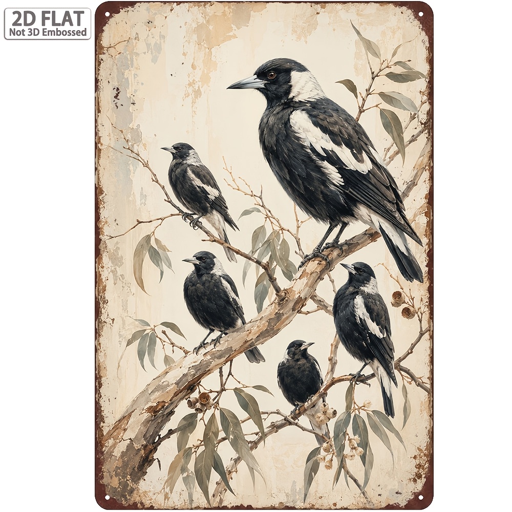TEMU 8x12in/20x30cm 1pc Vintage Australian Magpie Metal Sign, Native Bird Eucalyptus Rustic Wall Plaque, Farmhouse Home Garden Decor