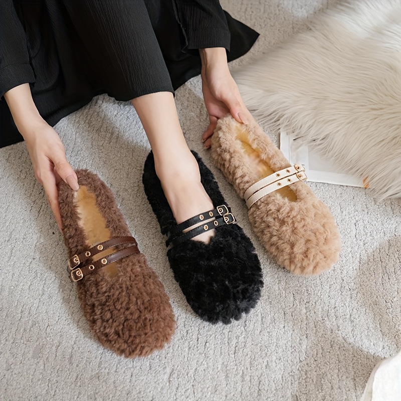 

Cozy Winter Women's Flats - Plush Lined, Warm Slip-on Shoes With Fur Detail, Vintage Style