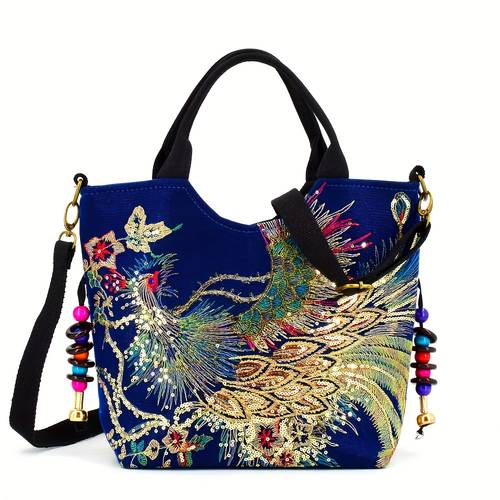 ethnic style embroidered womens bag with colorful beaded bells decoration tote crossbody bag