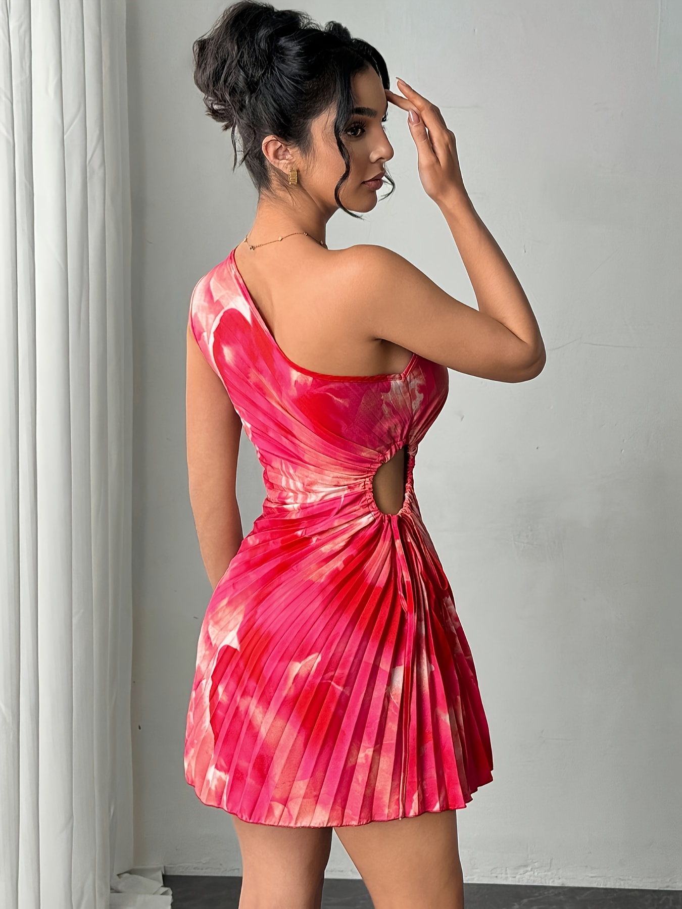 Women's Elegant Sexy Single Shoulder Asymmetrical Mini Dress - Stretchy A-Line Tie-Dye Print with Side Ruching, Machine Washable for Vacation & Date Nights, Chic Dress