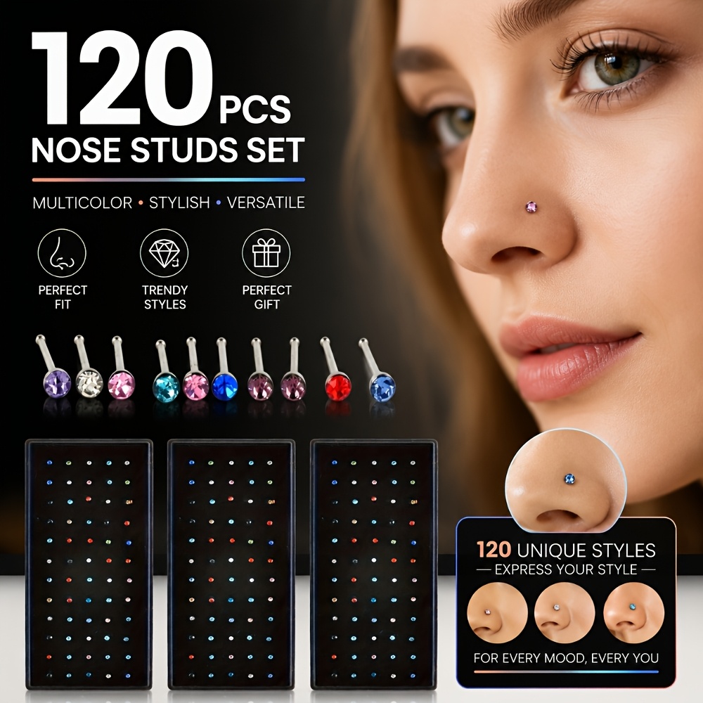 120pcs Sporty Stainless Steel Nose Ring Screw-on Studs Set - Cubic Zirconia Body Piercing Jewelry | Series | Ideal For Sports & Daily Wear | Fashionable Athletic Piercing Additions