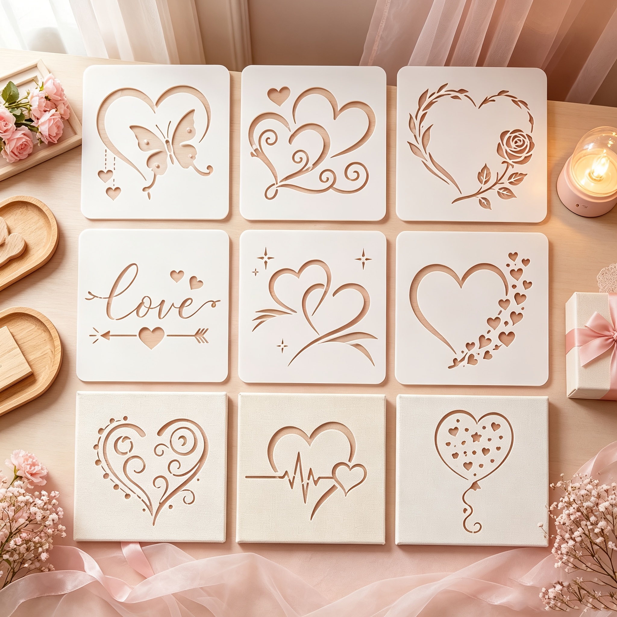 TEMU Lot de 9 pochoirs réutilisables de cœur colorés pour bricolage - Modèles avec cœurs, papillons, roses pour cartes de Saint-Valentin et de