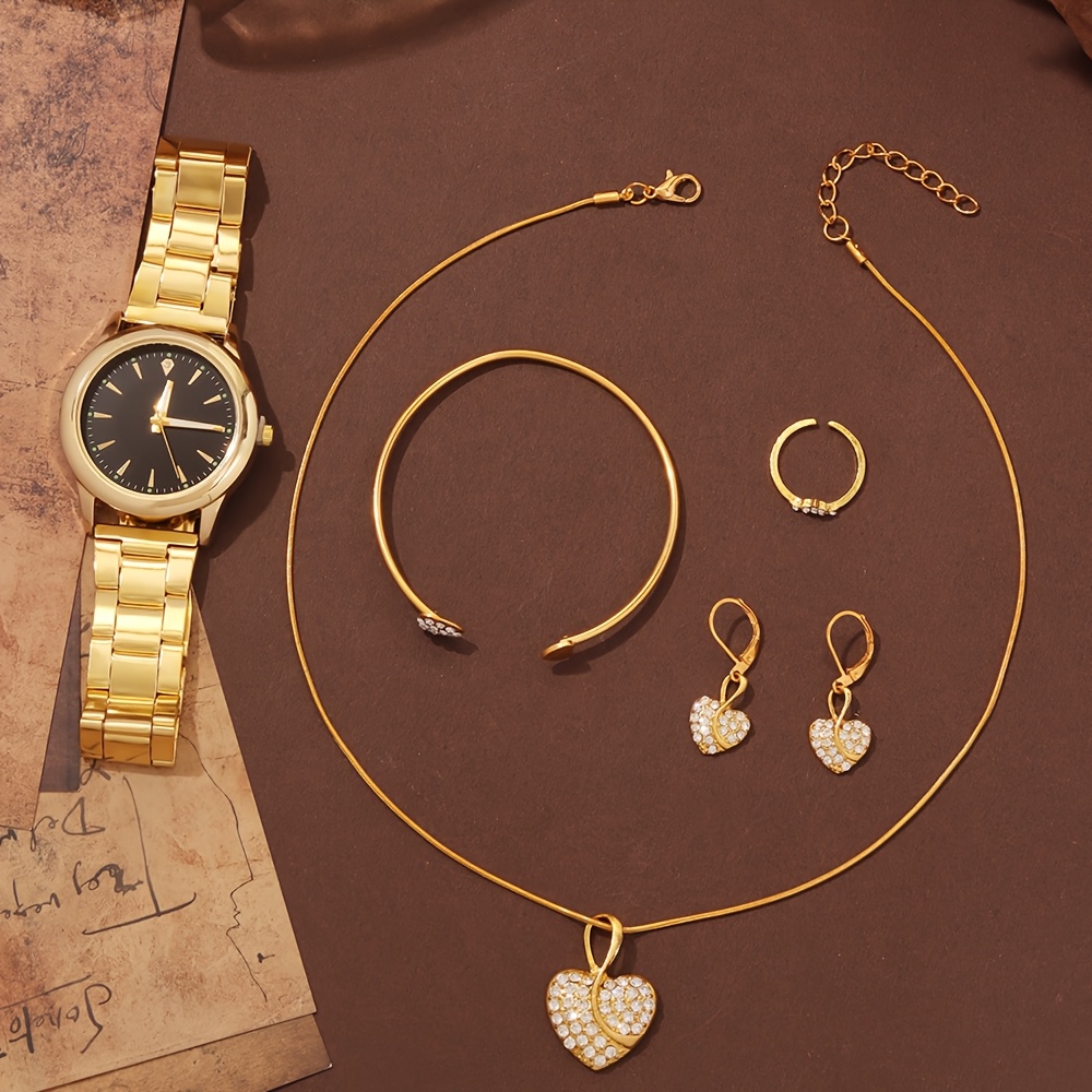 6pcs Elegant Women's Quartz Watch Set with Heart-Shaped Jewelry, Perfect Gift for Ladies, Non-Adjustable Alloy Strap, Classic Bar Markers Round Dial, Ideal Gift for Sisters and Mothers, Suitable for Ramadan or Casual Attire, No Packaging Box Included, Middle East Special Edition